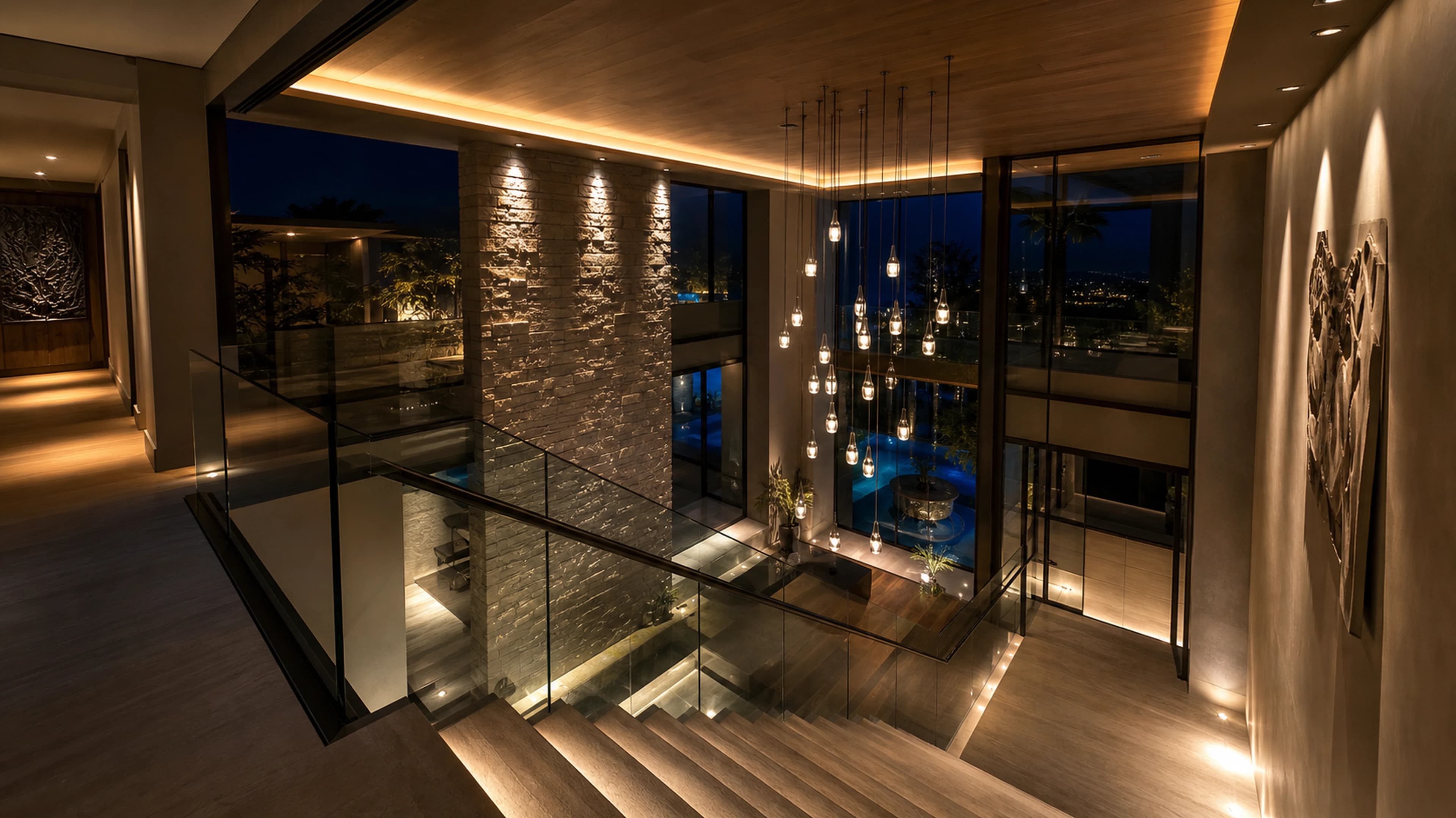 Layered architectural lighting controlled from a modern wall panel