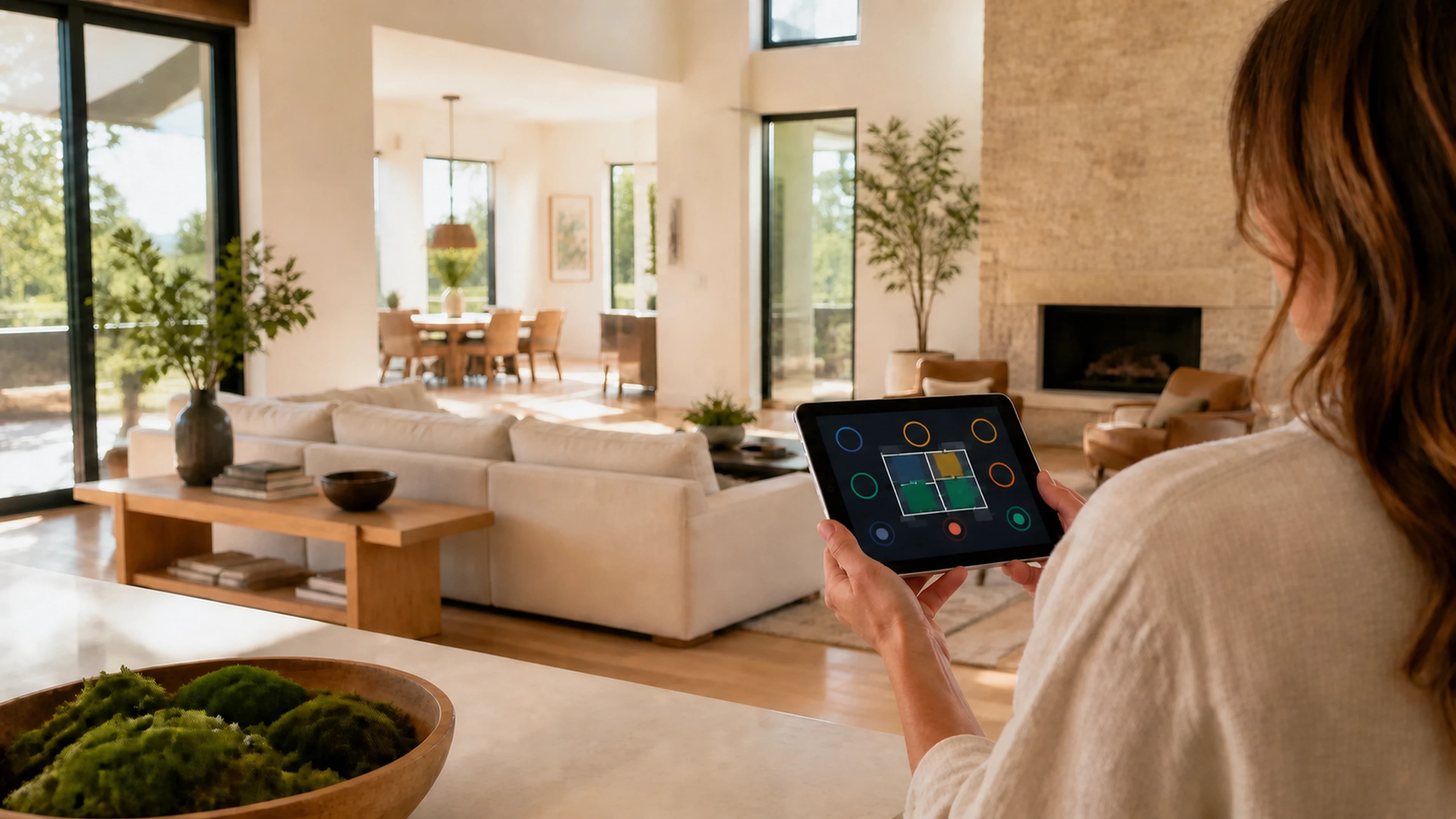 Resident using a tablet to manage climate zones in a bright contemporary home