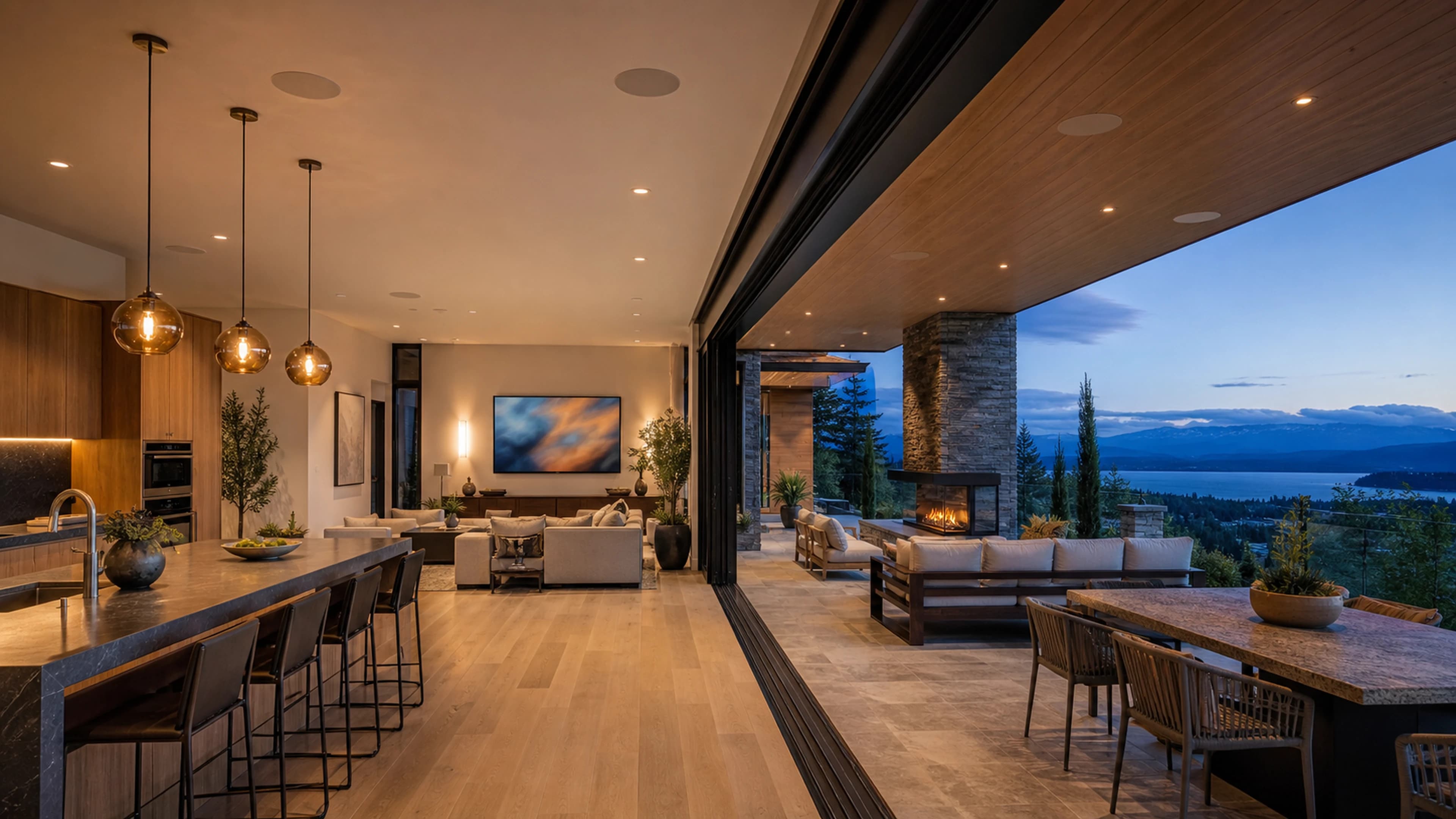 Contemporary living space with integrated audio and video technology