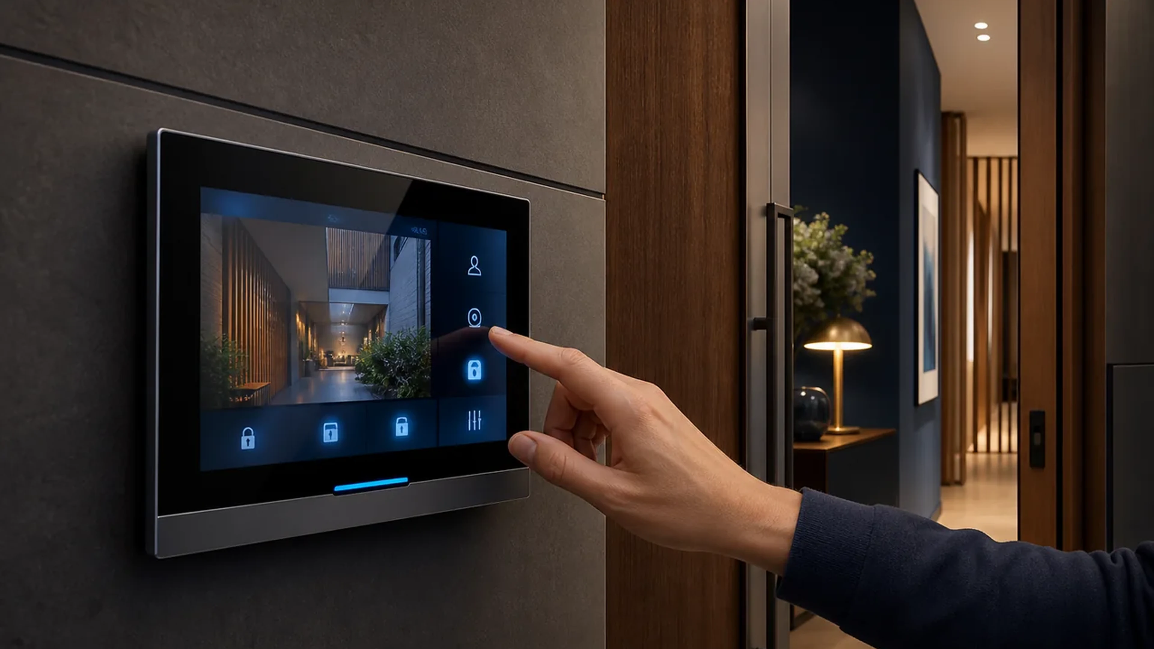 Modern wall mounted video intercom panel inside a contemporary home