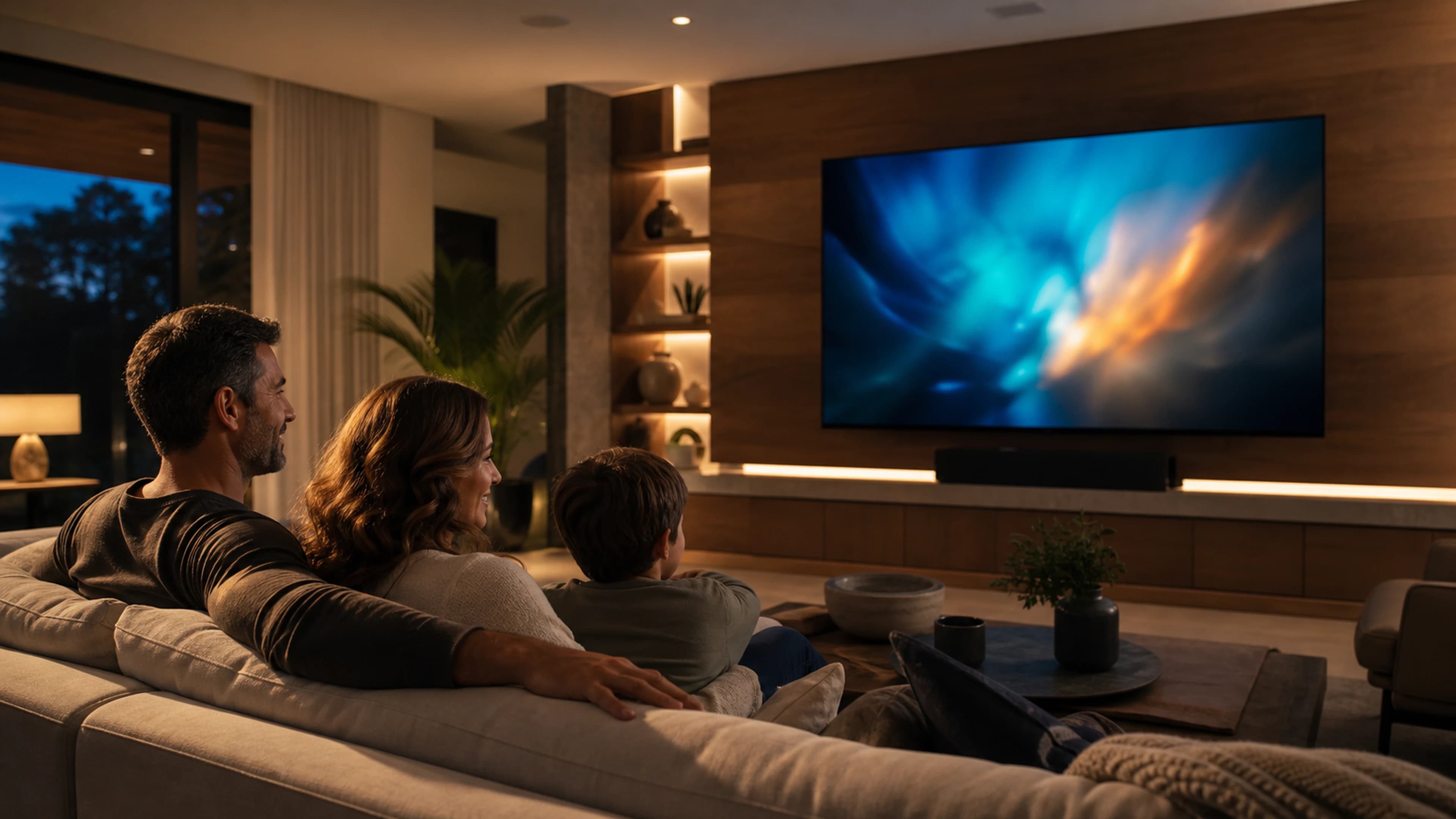 Family enjoying their completed home entertainment system