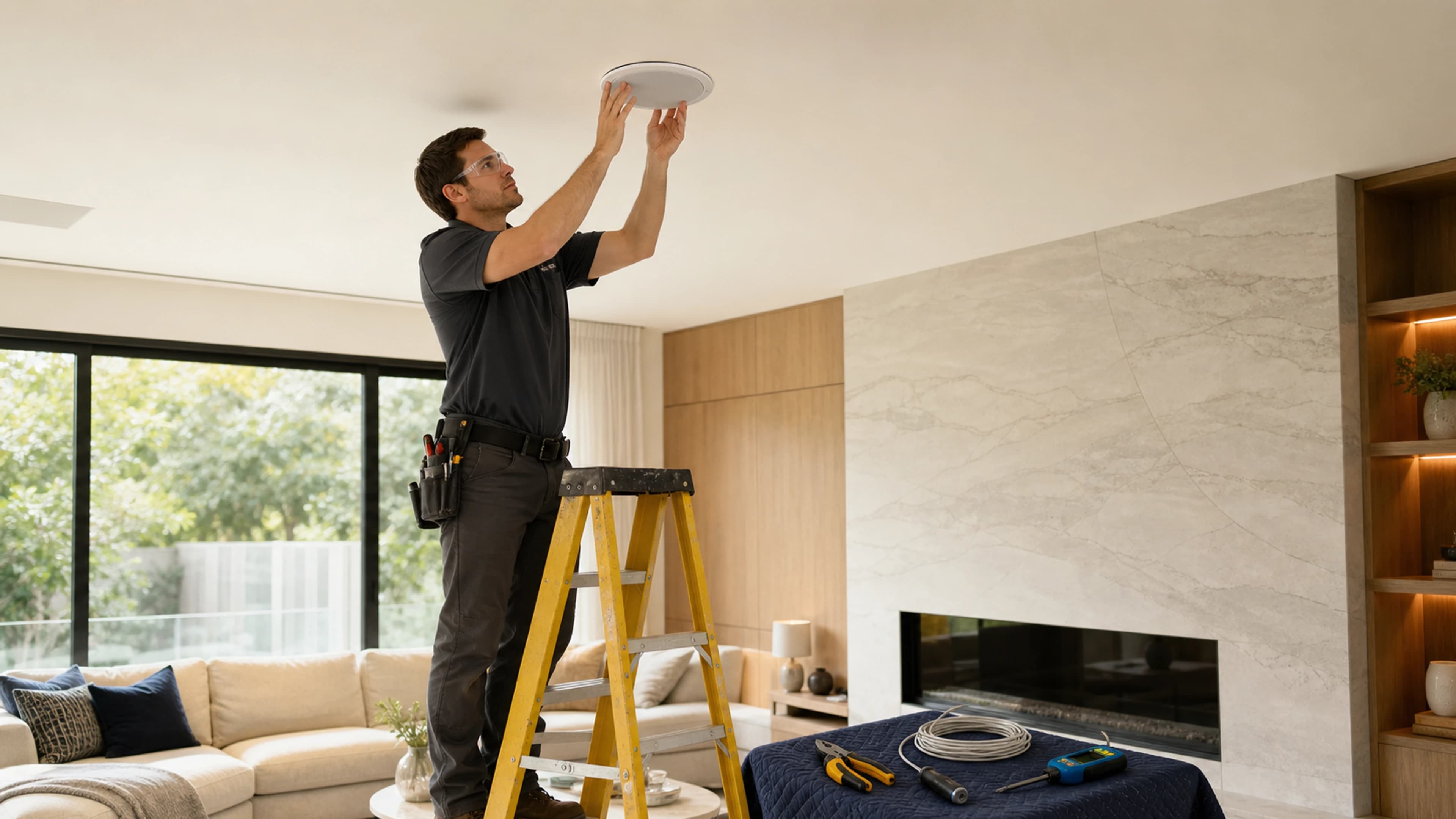 Professional technician installing discreet home technology