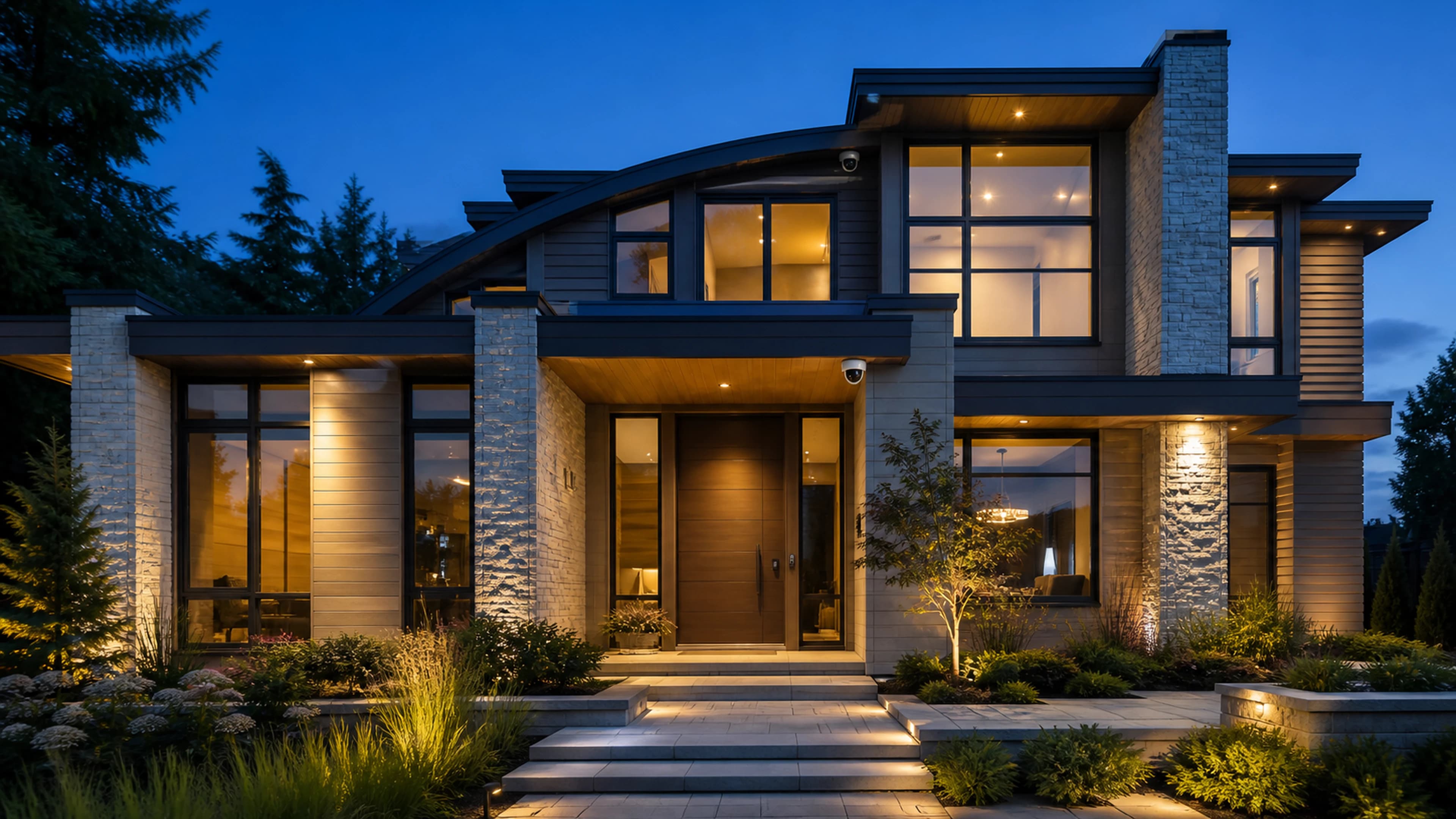Contemporary home exterior with discreetly integrated entry and soffit security cameras