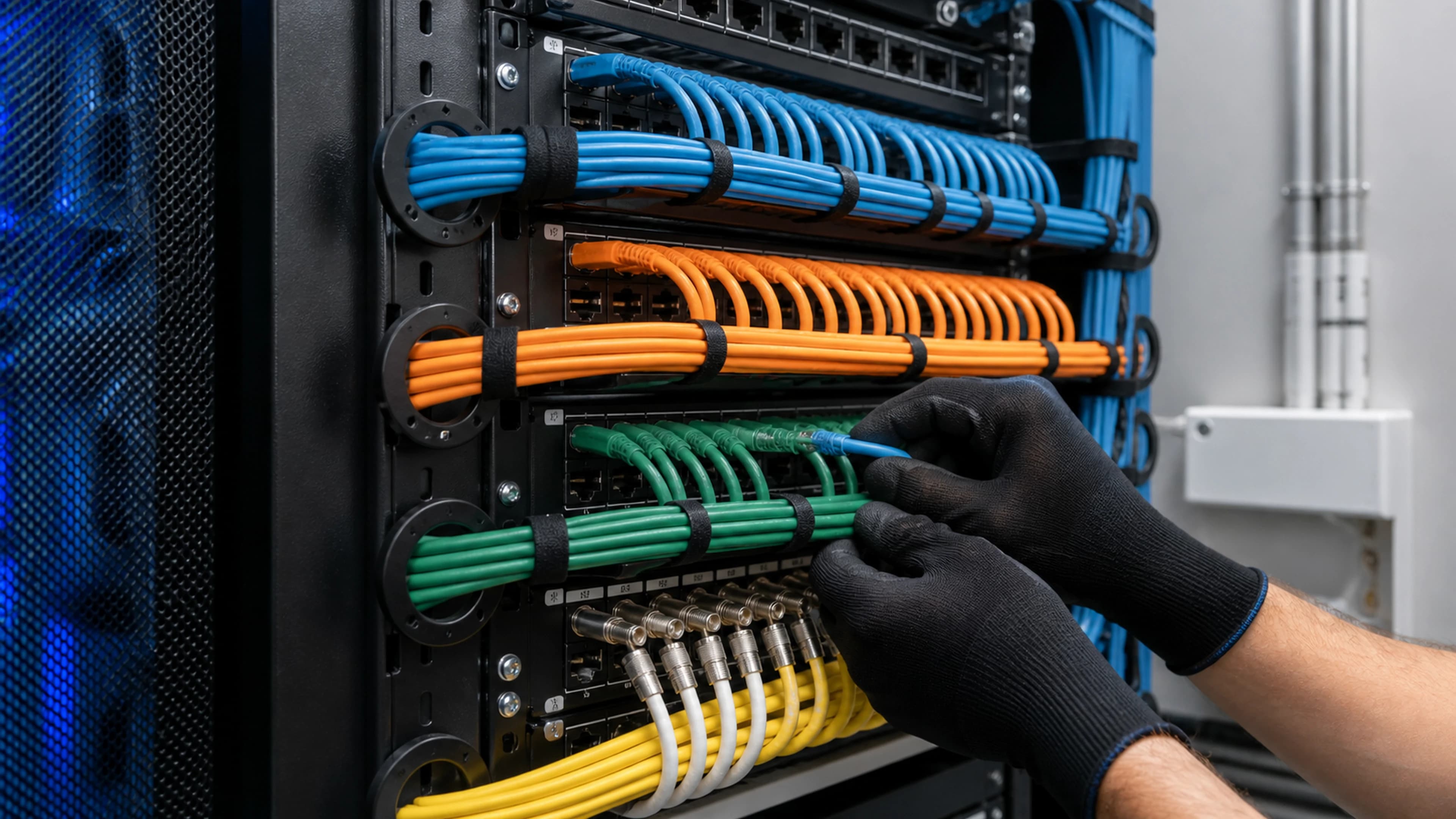 Organized residential low voltage wiring terminating into a professional equipment rack